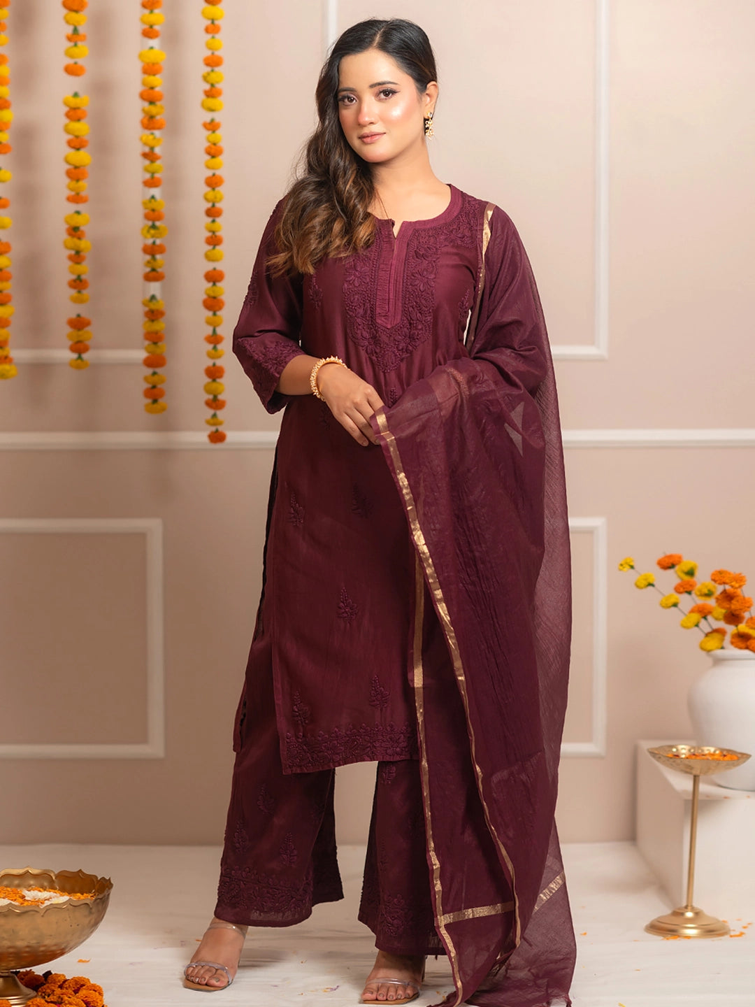 Wine Riwaayat Chanderi Chikankari Kurta Set