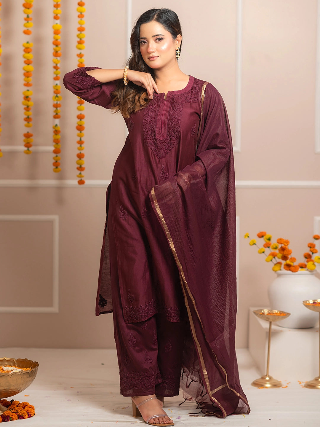 Wine Riwaayat Chanderi Chikankari Kurta Set