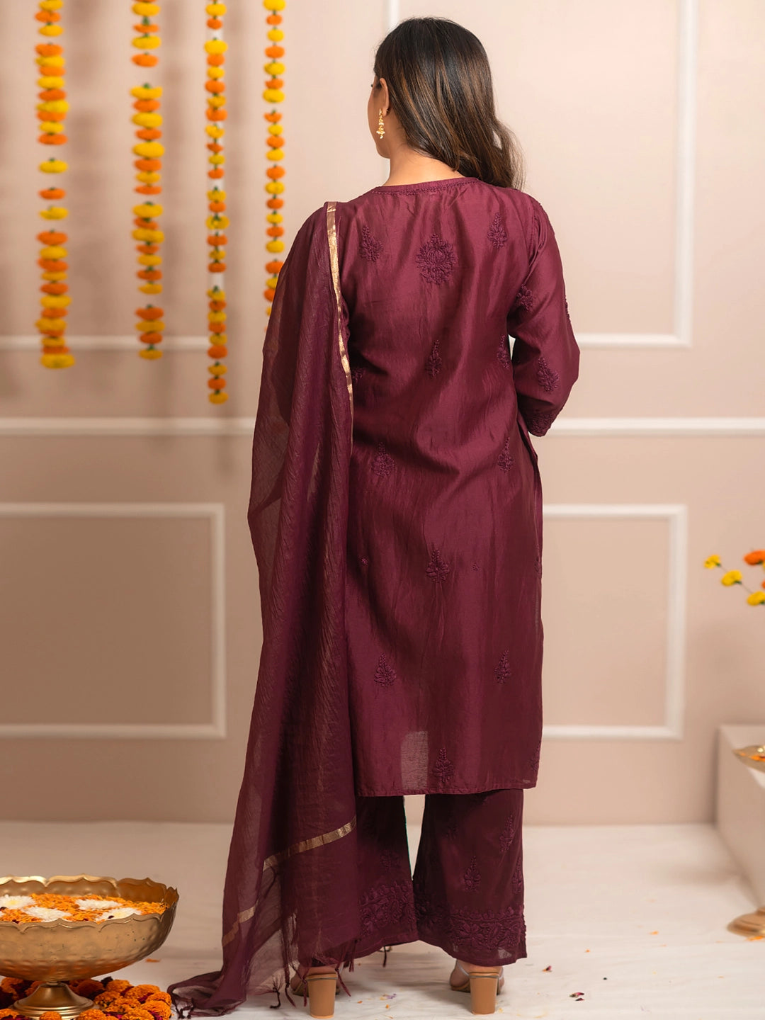 Wine Riwaayat Chanderi Chikankari Kurta Set