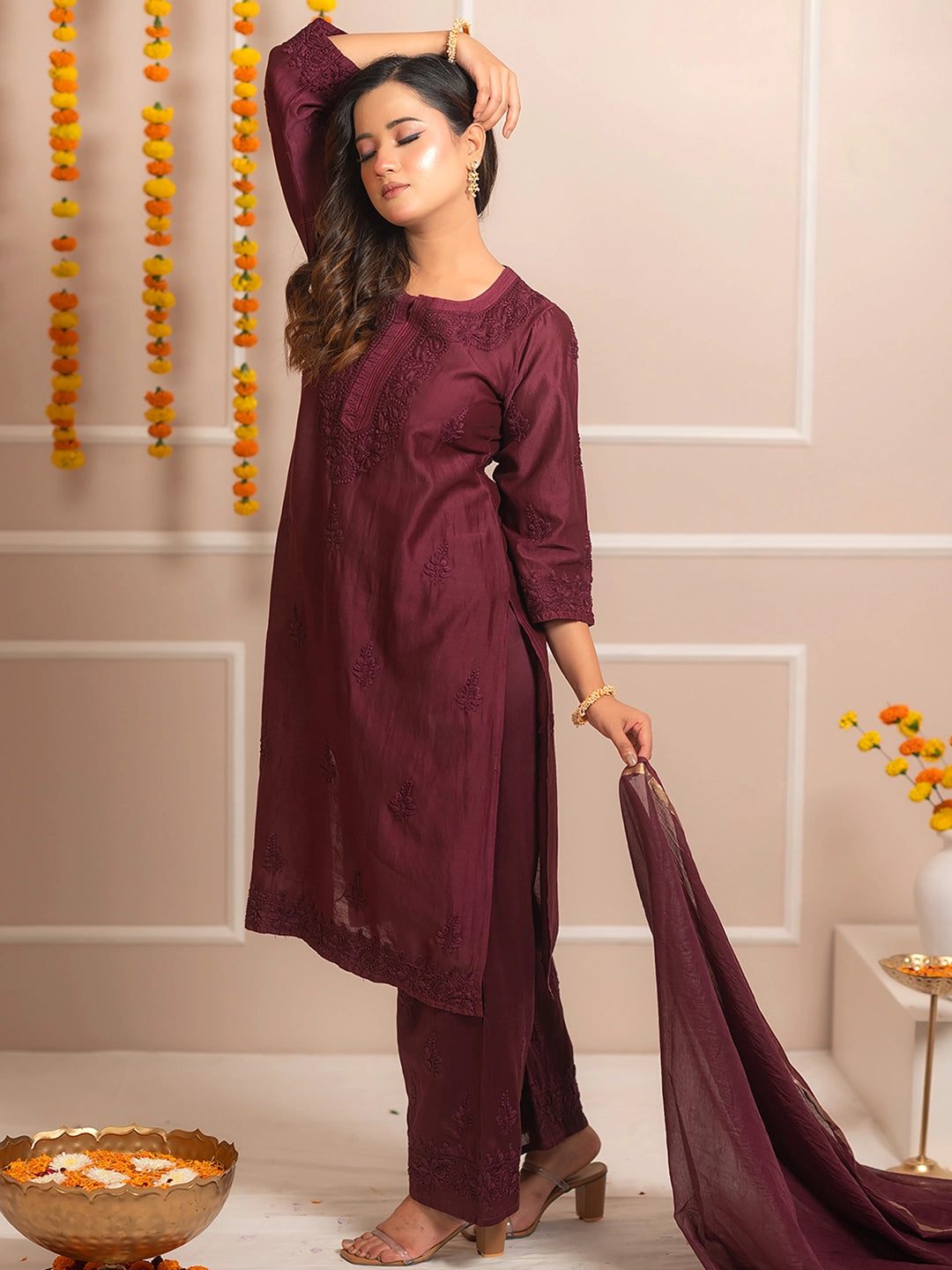 Wine Riwaayat Chanderi Chikankari Kurta Set