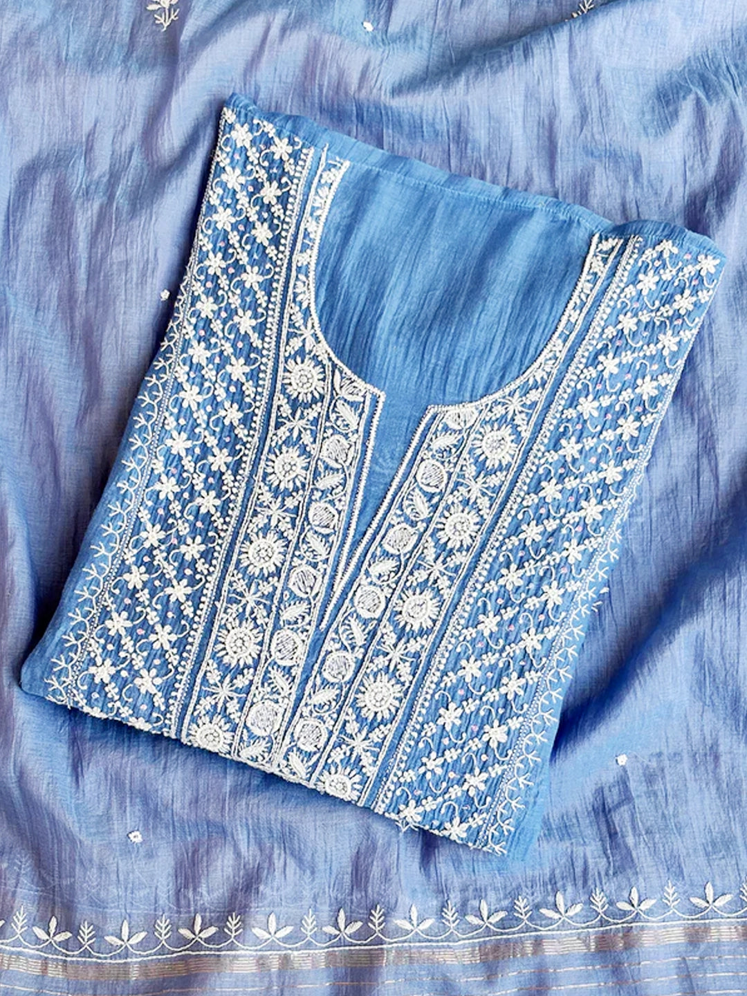 Blue Mul Chanderi Chikankari Un-stitched Kurti Piece with Dupatta