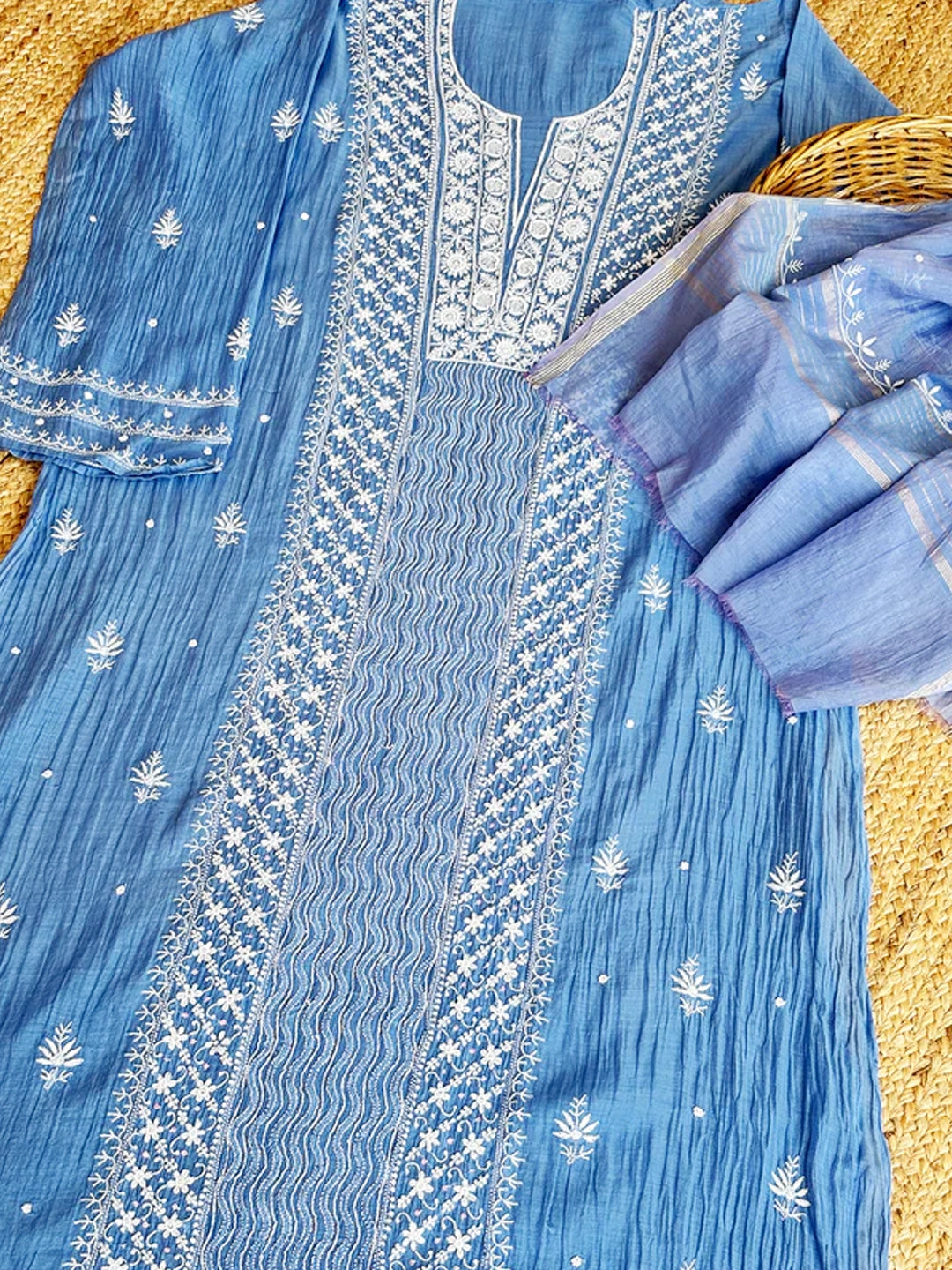 Blue Mul Chanderi Chikankari Un-stitched Kurti Piece with Dupatta