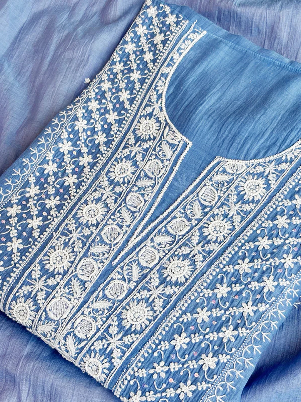 Blue Mul Chanderi Chikankari Un-stitched Kurti Piece with Dupatta