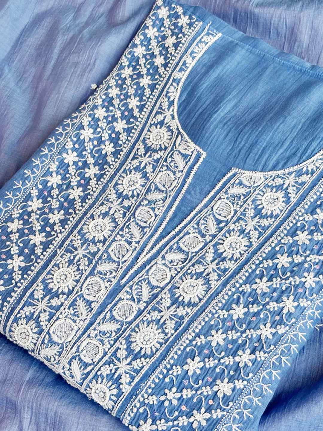 Blue Mul Chanderi Chikankari Un-stitched Kurti Piece with Dupatta