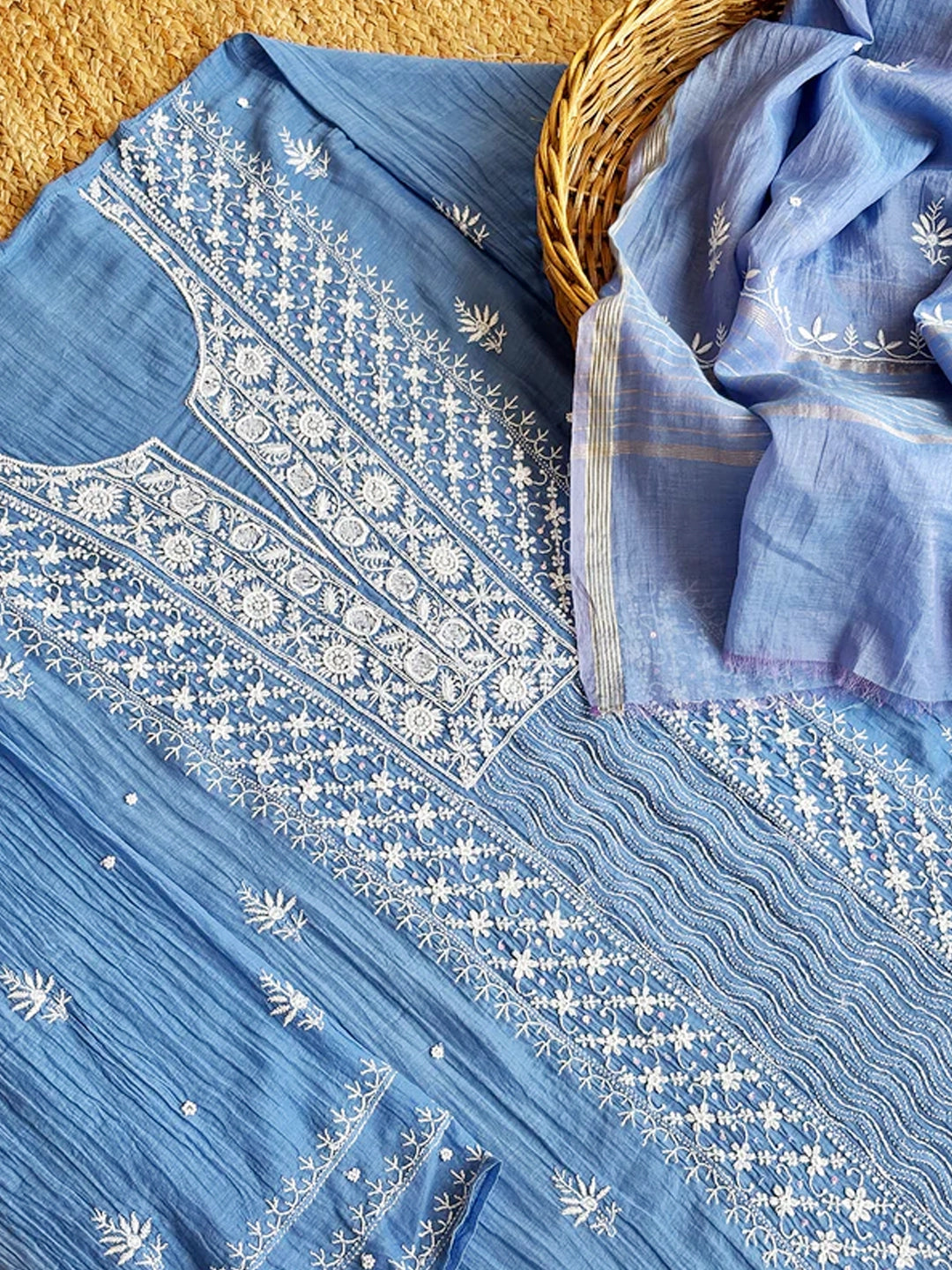 Blue Mul Chanderi Chikankari Un-stitched Kurti Piece with Dupatta