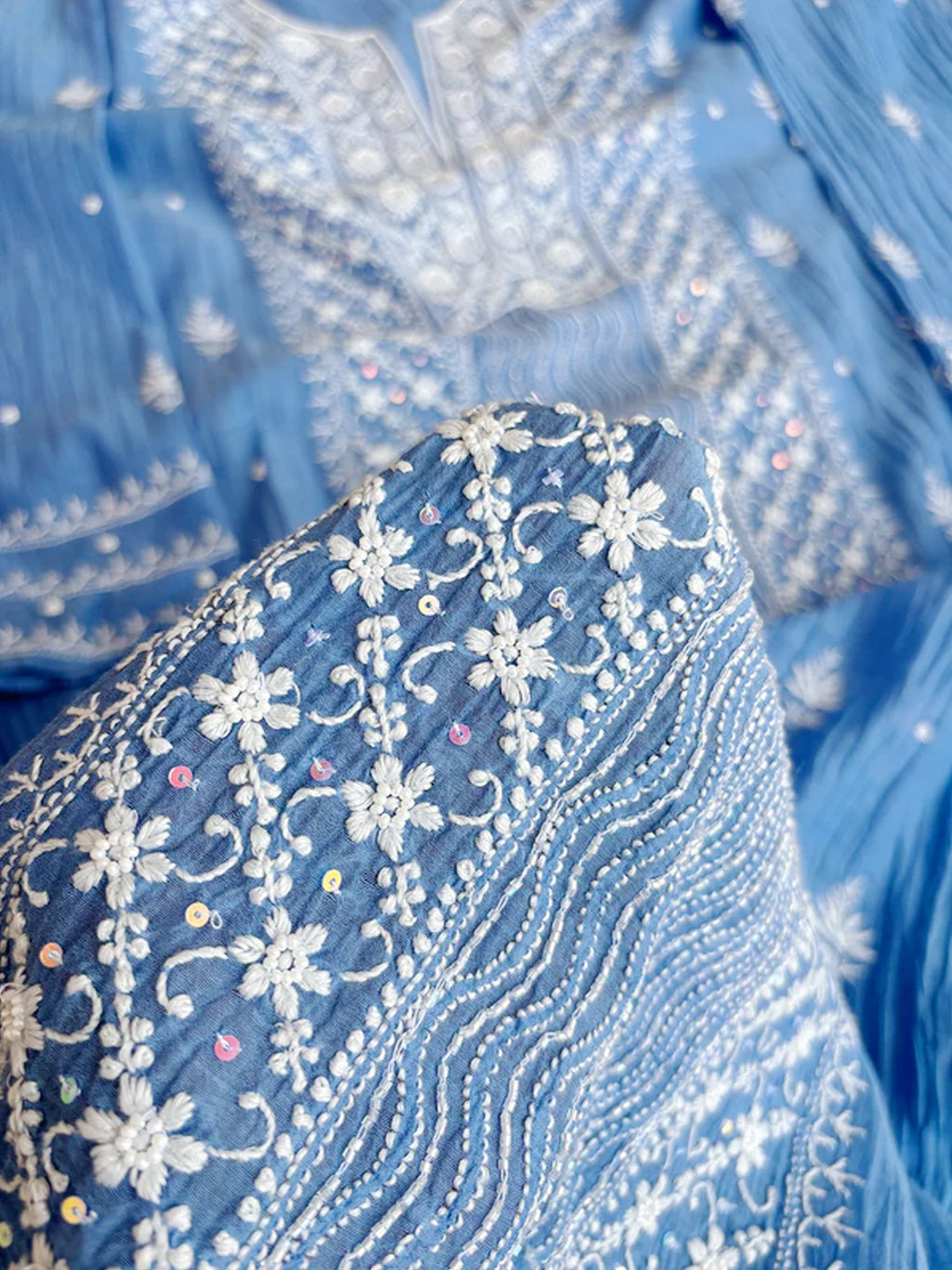 Blue Mul Chanderi Chikankari Un-stitched Kurti Piece with Dupatta