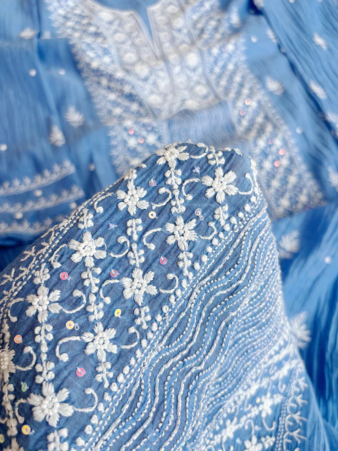 Blue Mul Chanderi Chikankari Un-stitched Kurti Piece with Dupatta