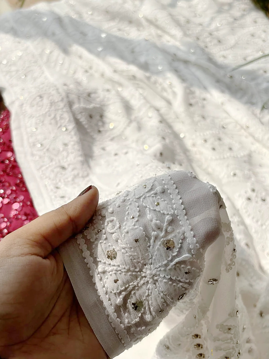 White Rutvi Viscose Chikankari Embroidered Saree