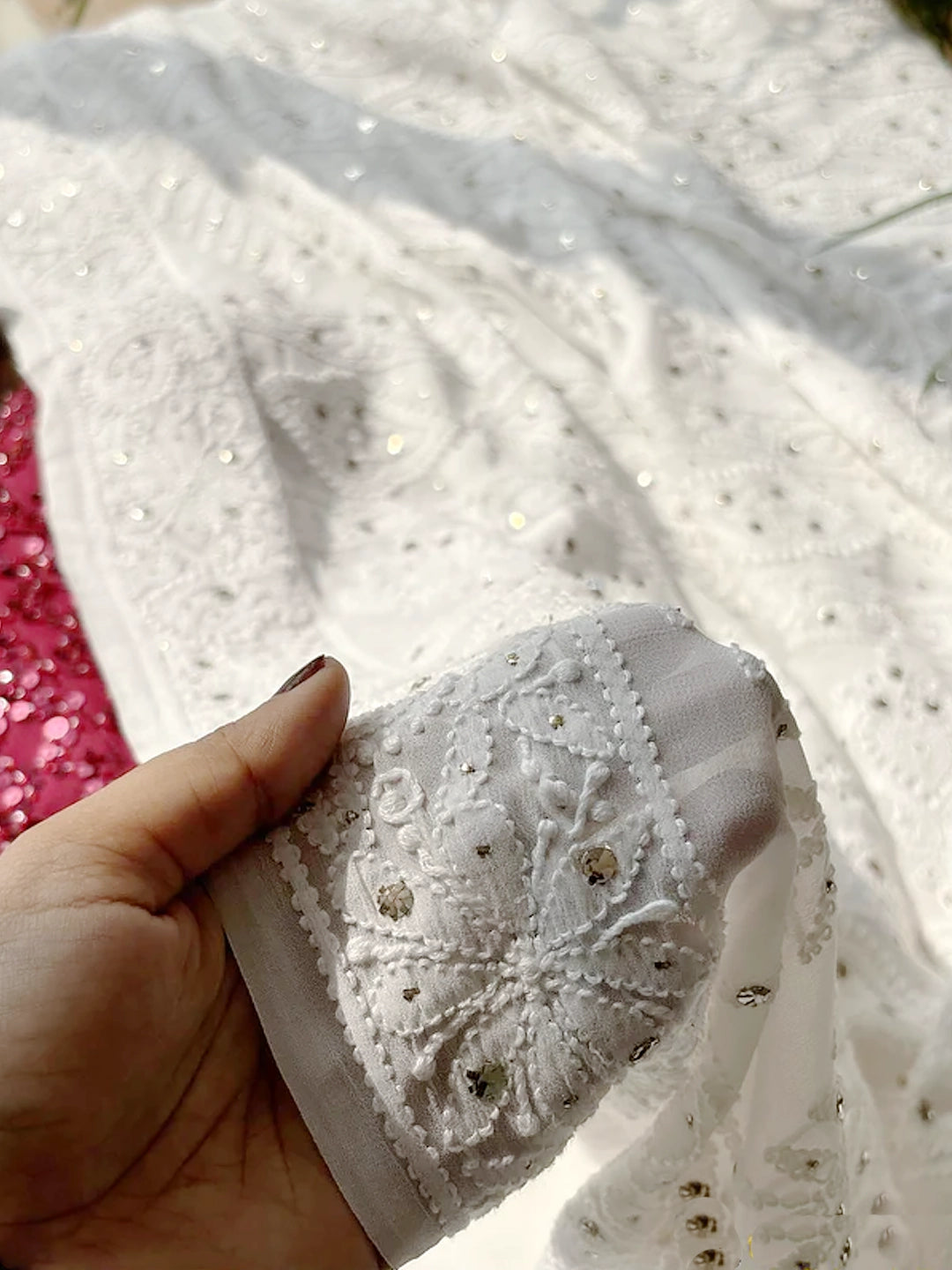 White Rutvi Viscose Chikankari Embroidered Saree