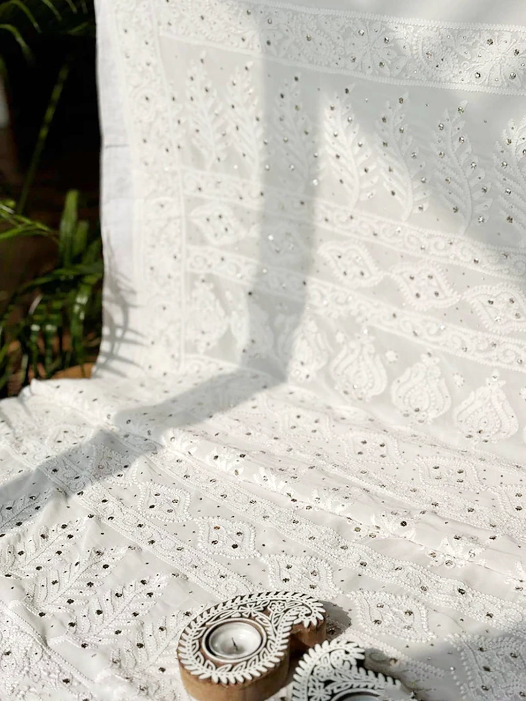 White Rutvi Viscose Chikankari Embroidered Saree