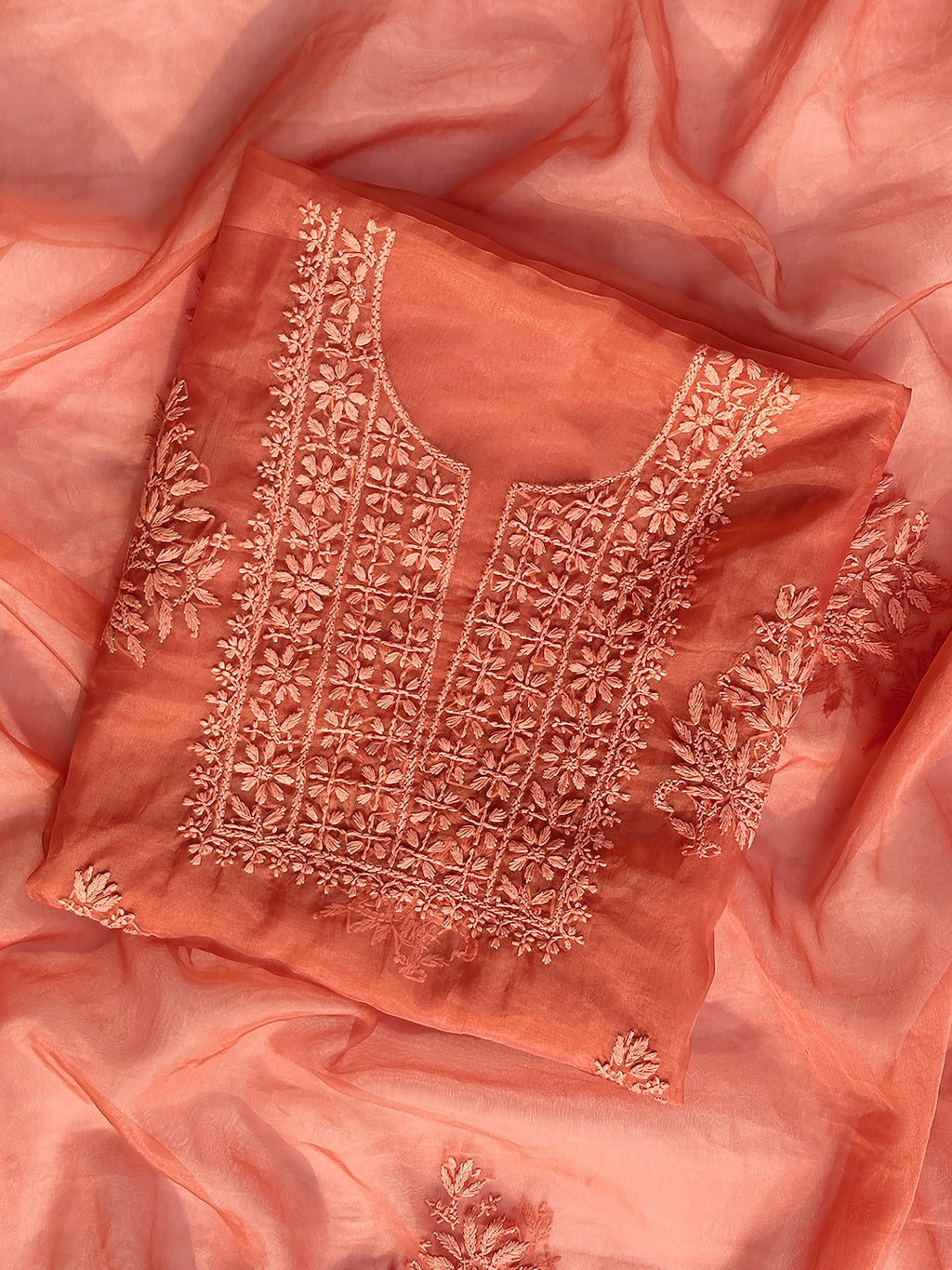 Ryan Organza Chikankari Kurti Piece with Dupatta - Coral