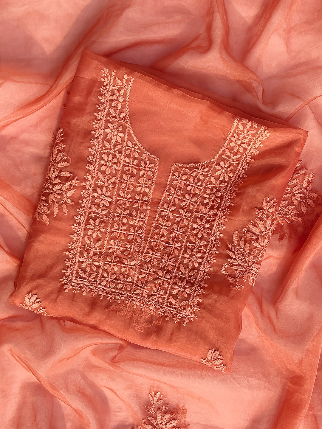 Ryan Organza Chikankari Kurti Piece with Dupatta - Coral