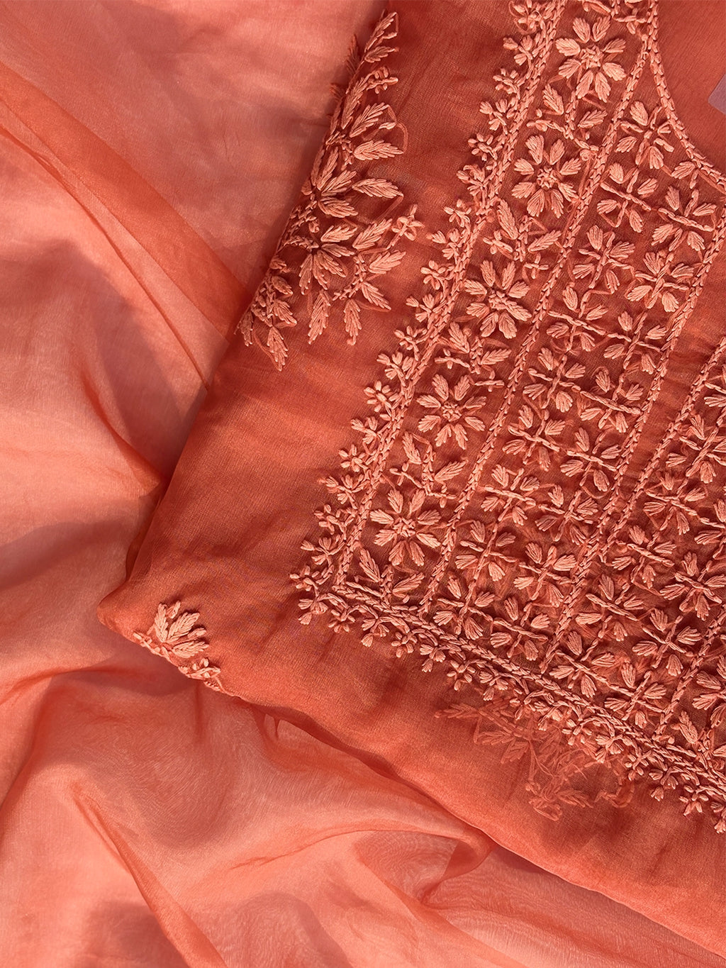 Ryan Organza Chikankari Kurti Piece with Dupatta - Coral