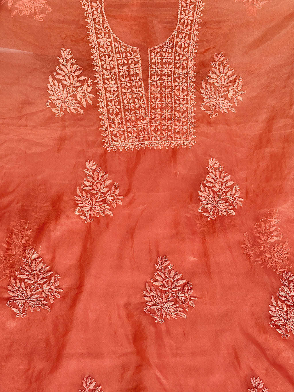 Ryan Organza Chikankari Kurti Piece with Dupatta - Coral