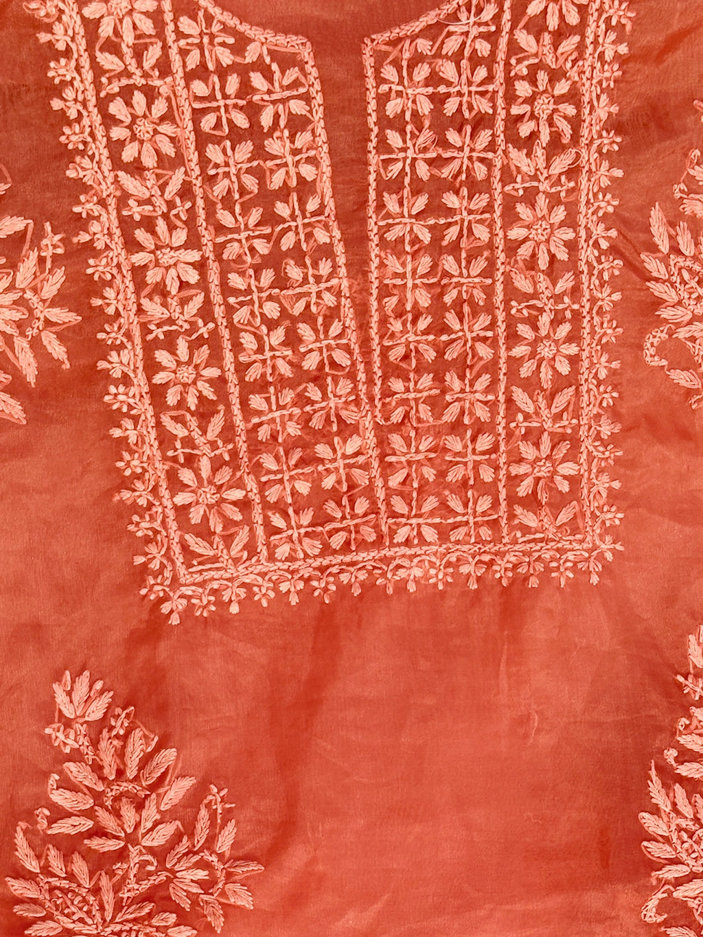 Ryan Organza Chikankari Kurti Piece with Dupatta - Coral