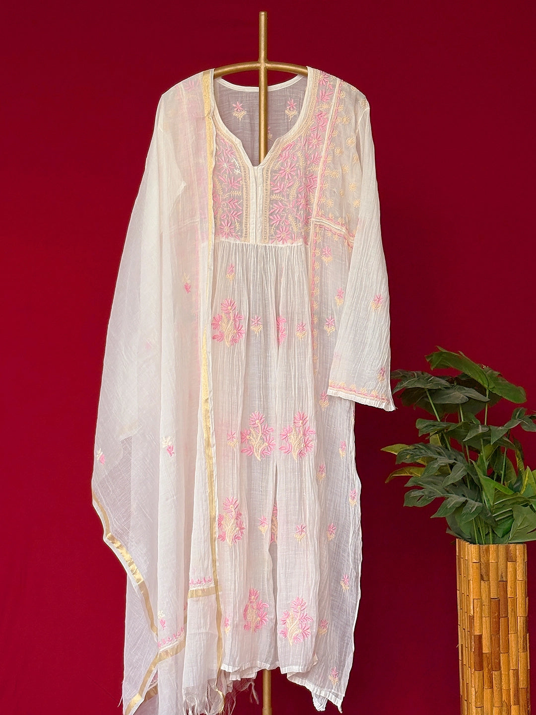 Sahiba Mul Chanderi Chikankari Kurti Piece with Dupatta - Pink