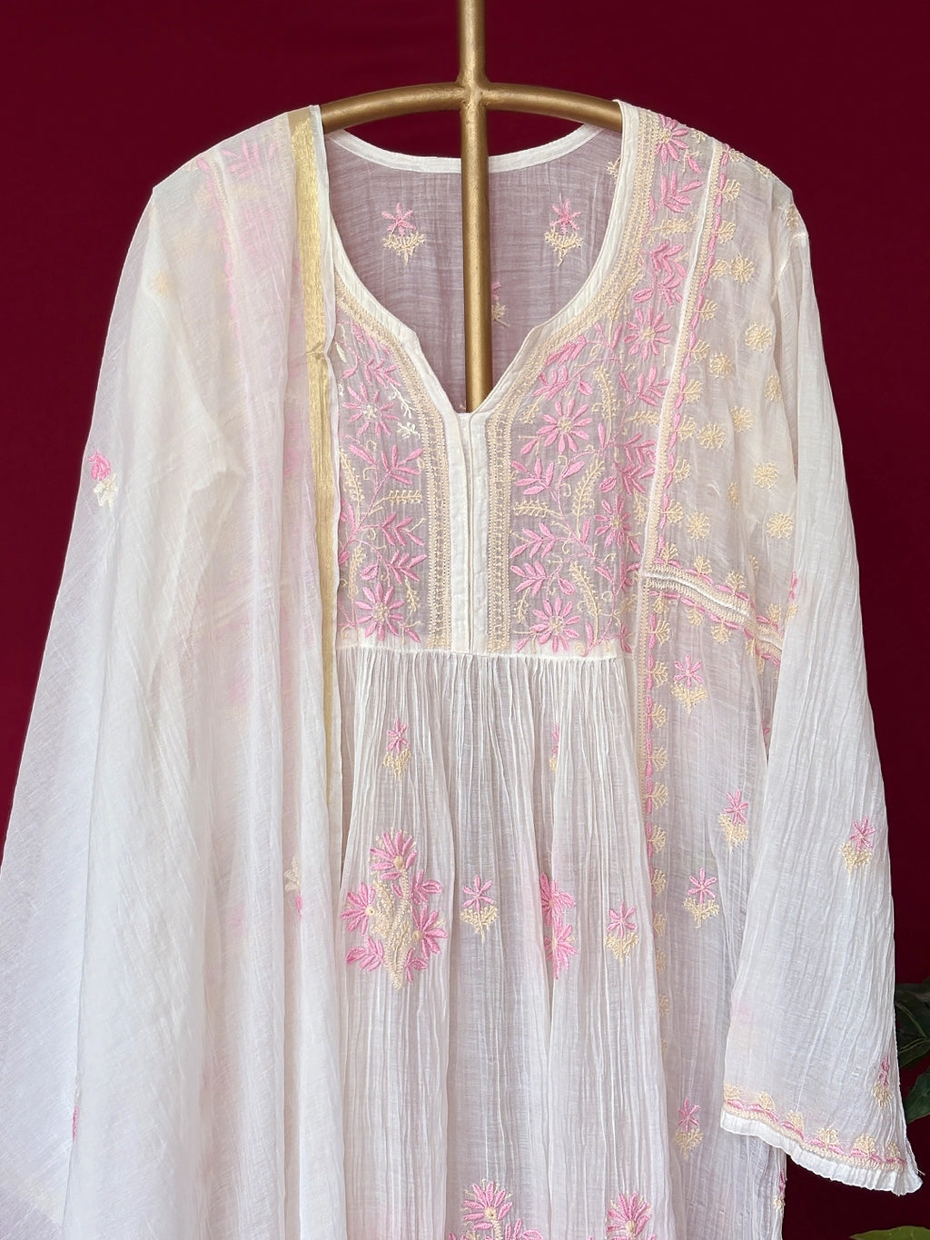 Sahiba Mul Chanderi Chikankari Kurti Piece with Dupatta - Pink