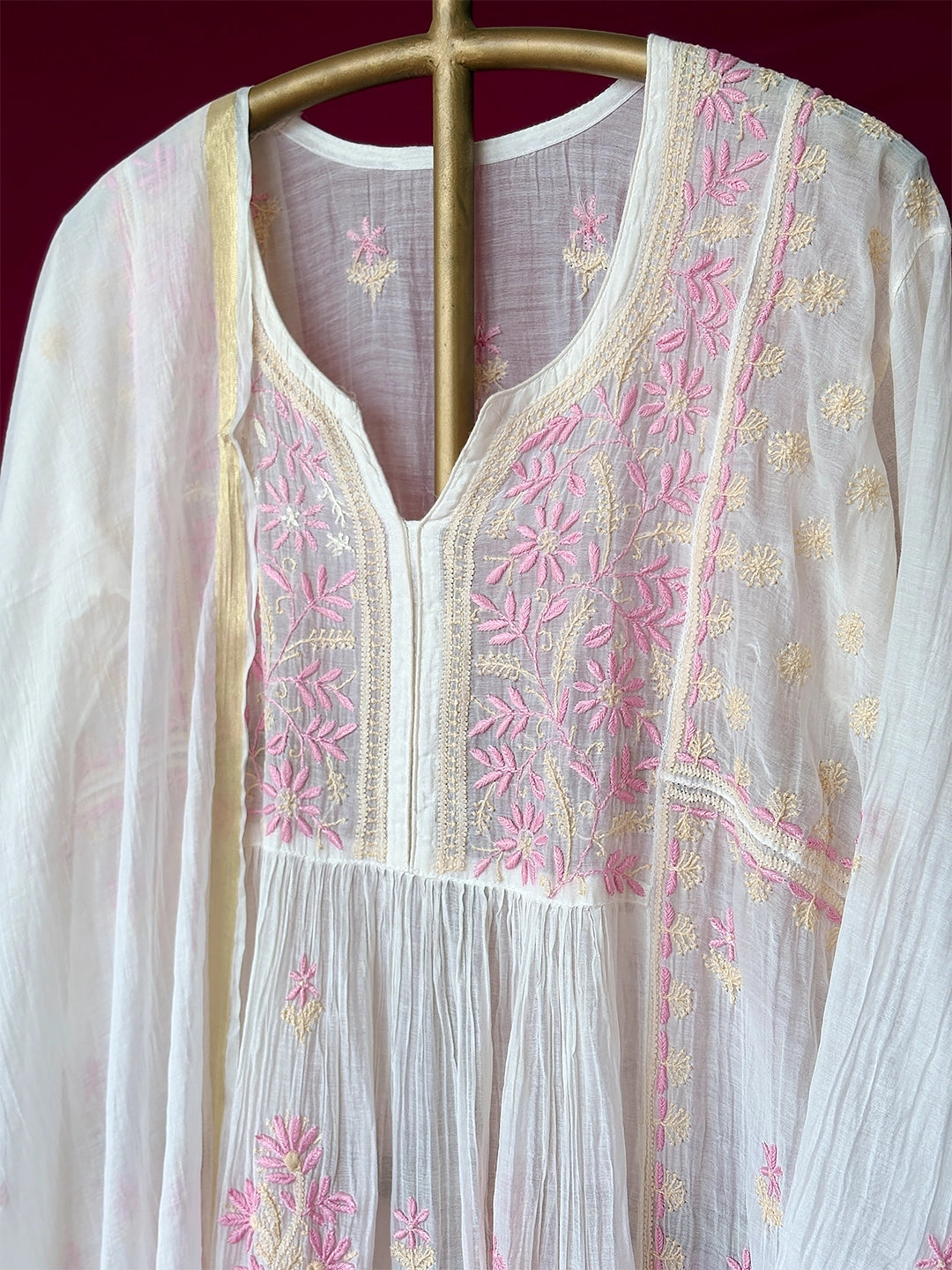 Sahiba Mul Chanderi Chikankari Kurti Piece with Dupatta - Pink