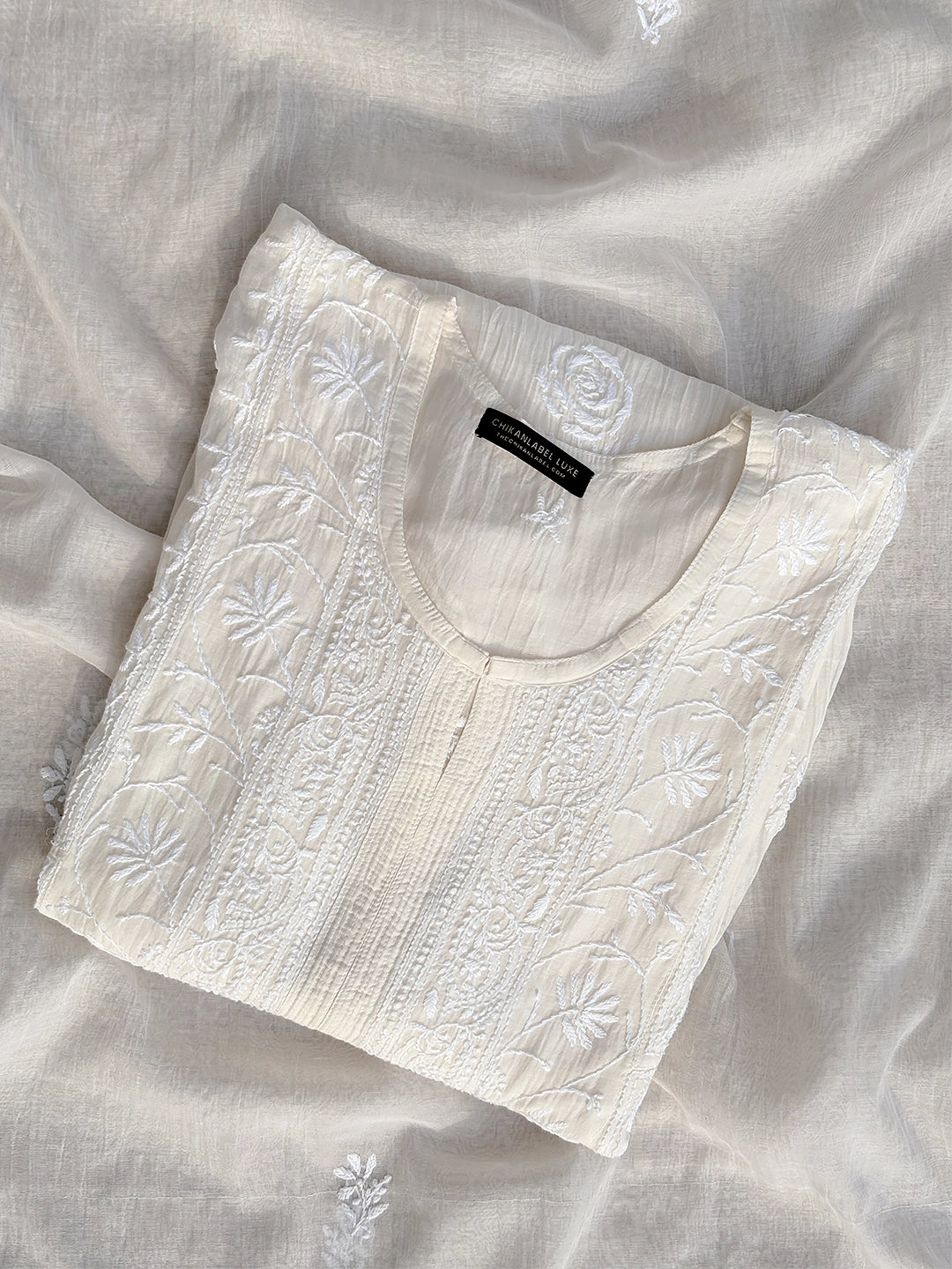 Sahiba Mul Chanderi Chikankari Kurti Piece with Dupatta - White