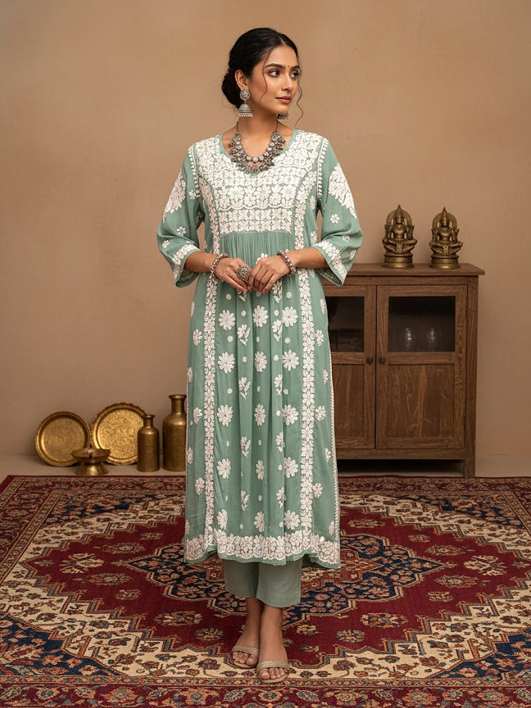 Samina Crepe Chikankari Kurta - Green