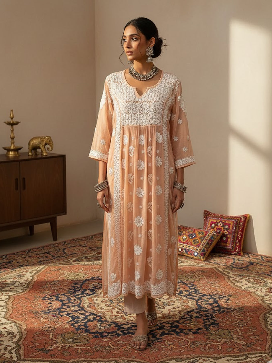Samina Crepe Chikankari Kurta - Peach