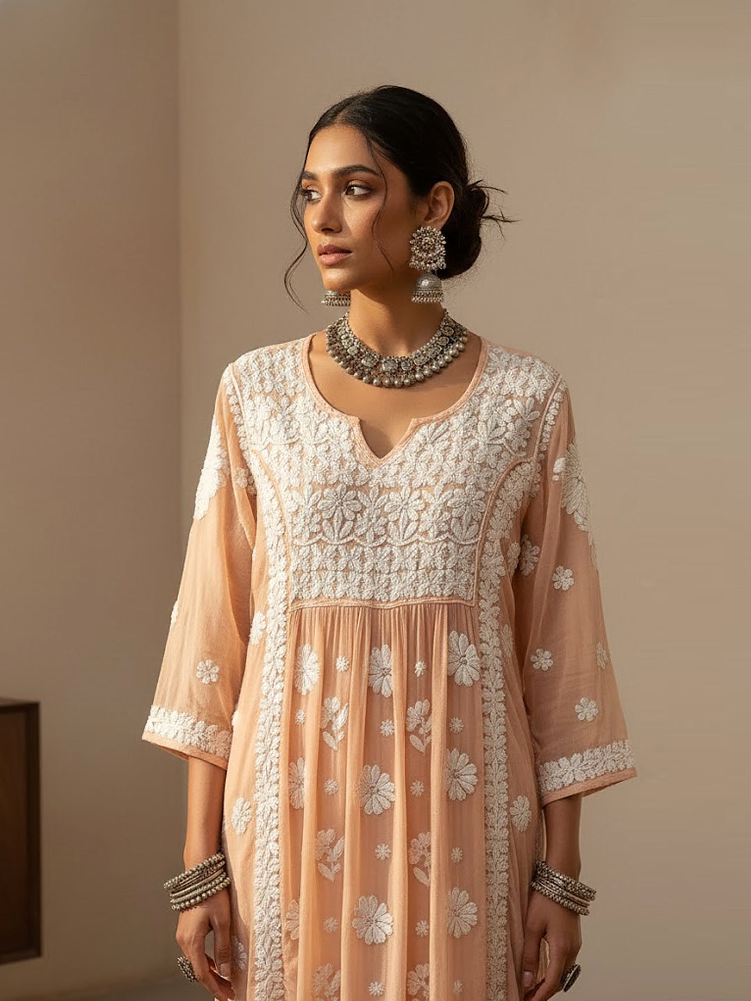 Samina Chikankari Kurta - Peach