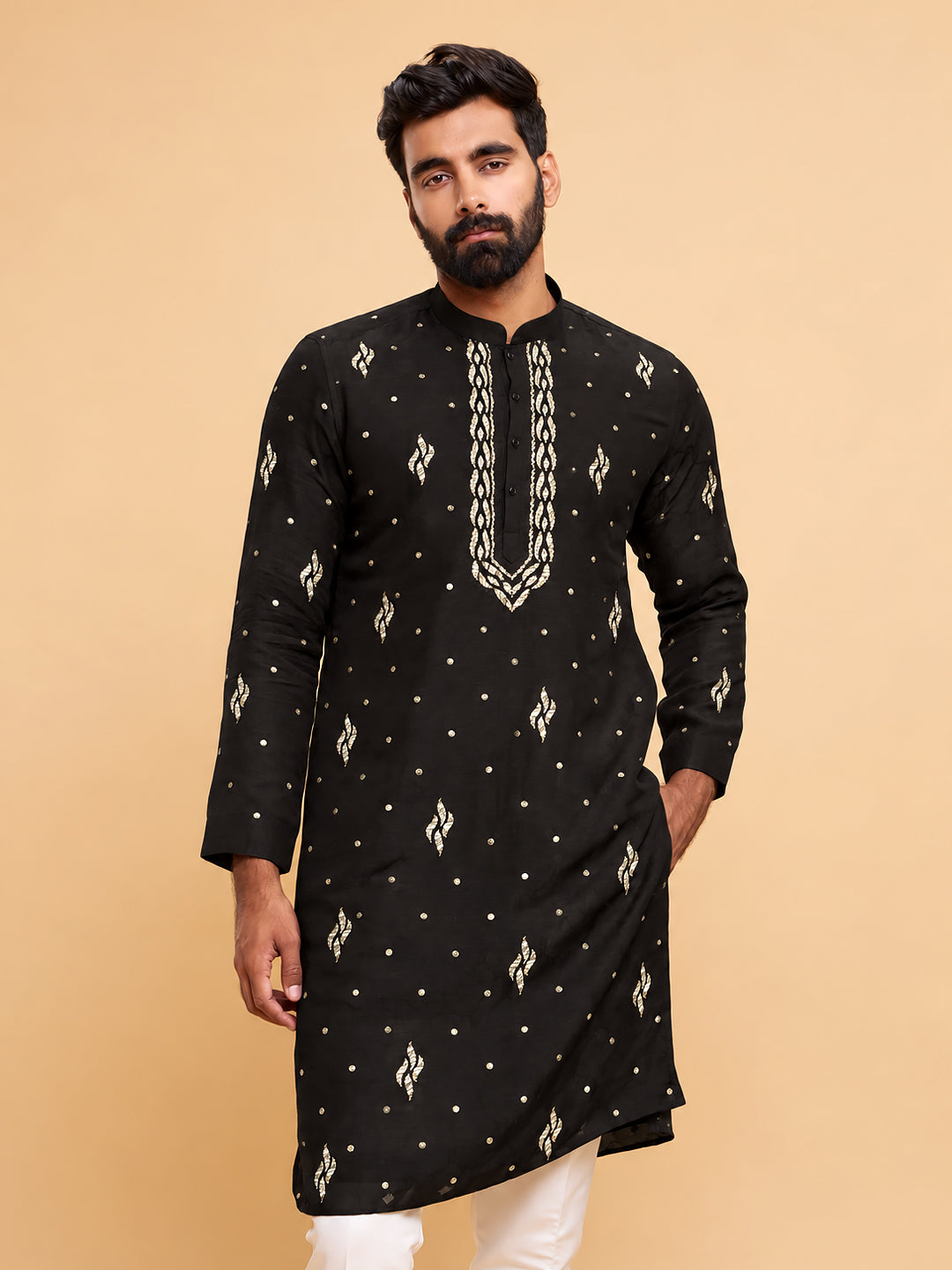 Sarth Chanderi Unstitched Chikankari Men's Kurta - Black