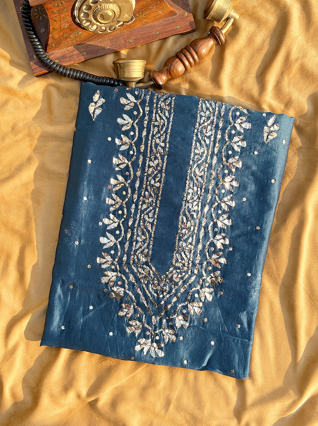 Sarth Chanderi Unstitched Chikankari Men's Kurta - Blue