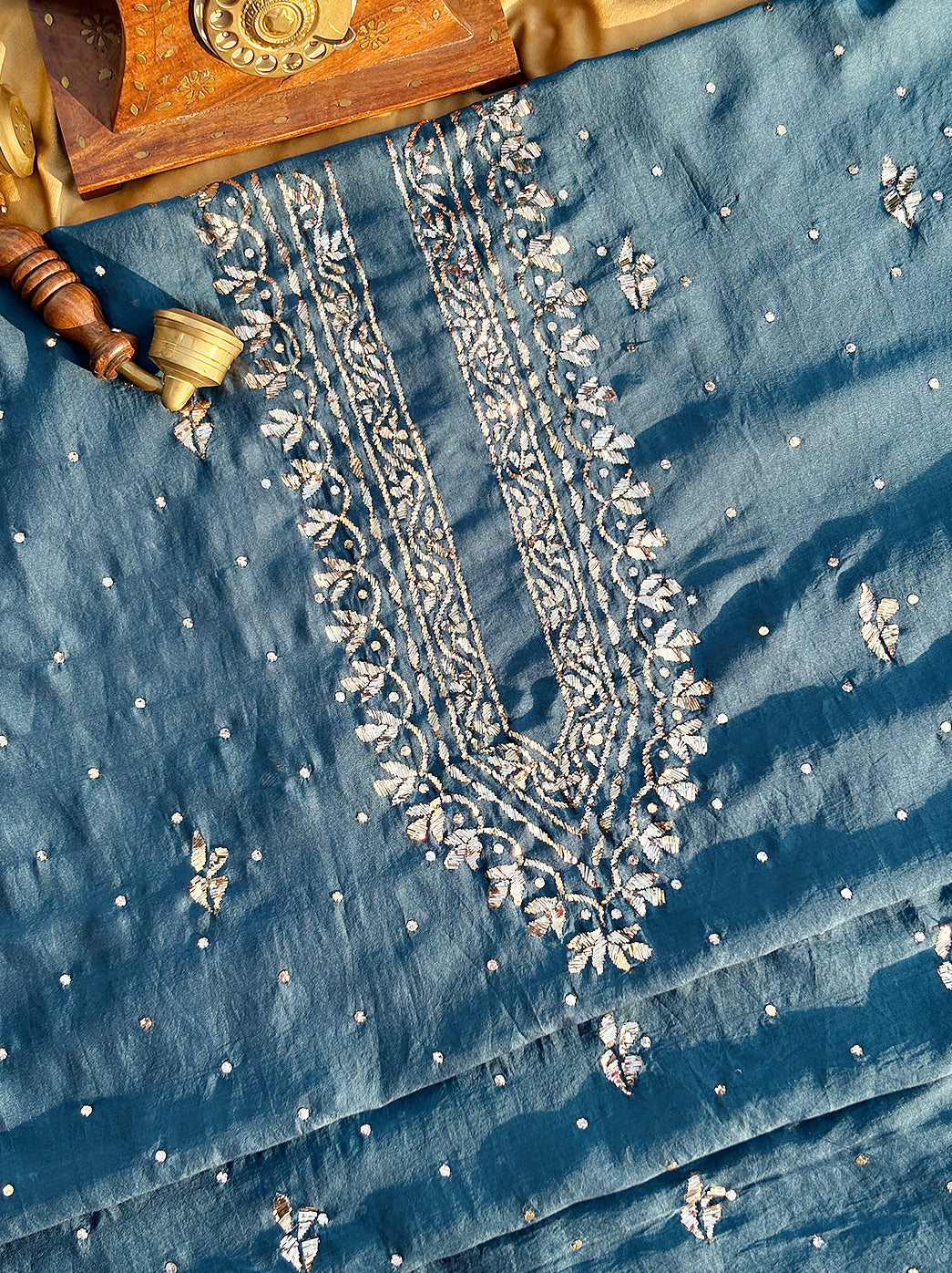 Sarth Chanderi Unstitched Chikankari Men's Kurta - Blue