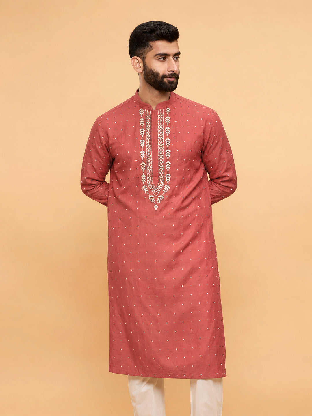 Sarth Chanderi Unstitched Chikankari Men's Kurta - Peach