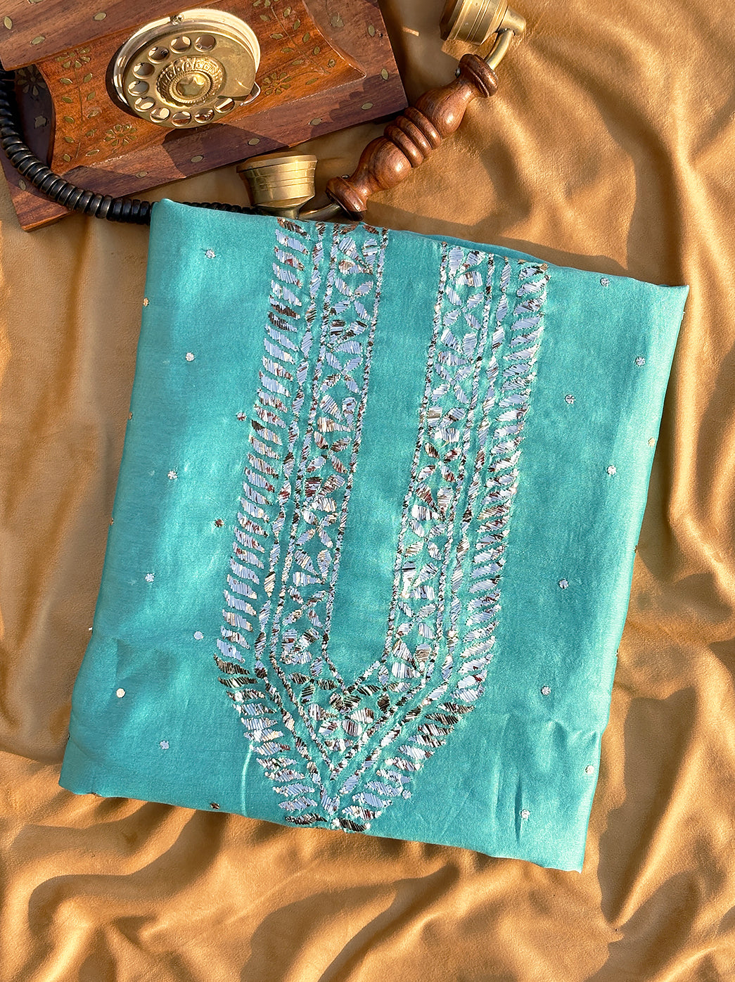 Sarth Chanderi Unstitched Chikankari Men's Kurta - Sea Green