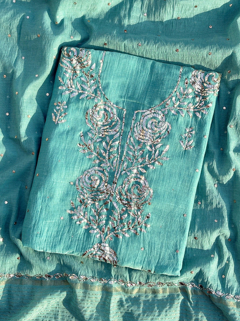 Savi Mul Chanderi Unstitched Kurti Piece with Dupatta - Sea Green