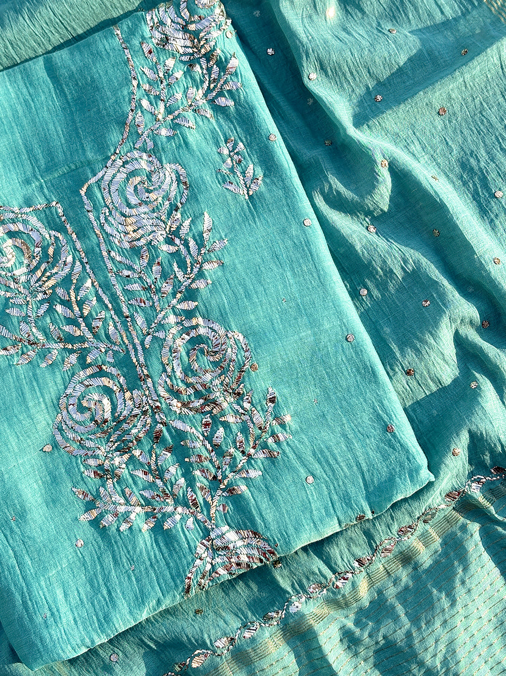 Savi Mul Chanderi Unstitched Kurti Piece with Dupatta - Sea Green