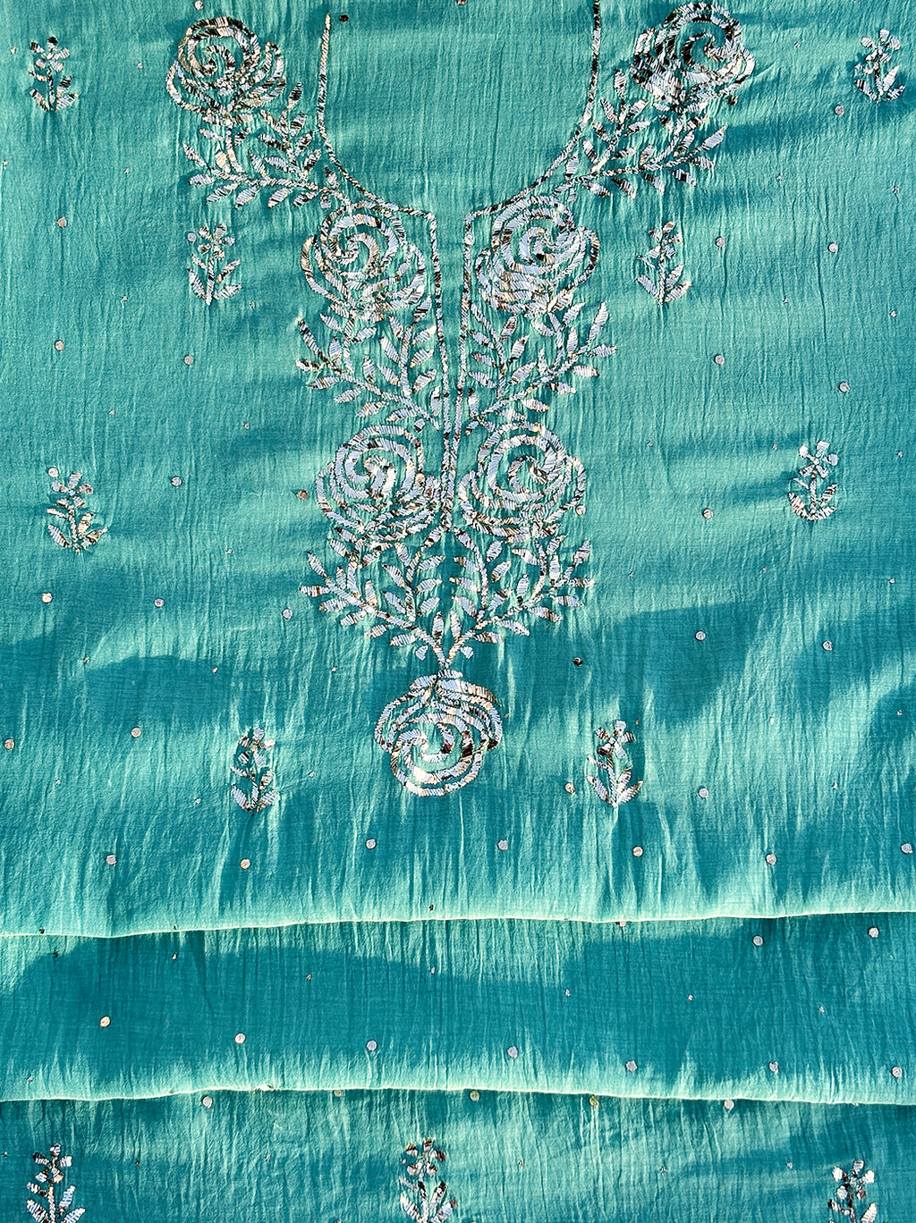 Savi Mul Chanderi Unstitched Kurti Piece with Dupatta - Sea Green