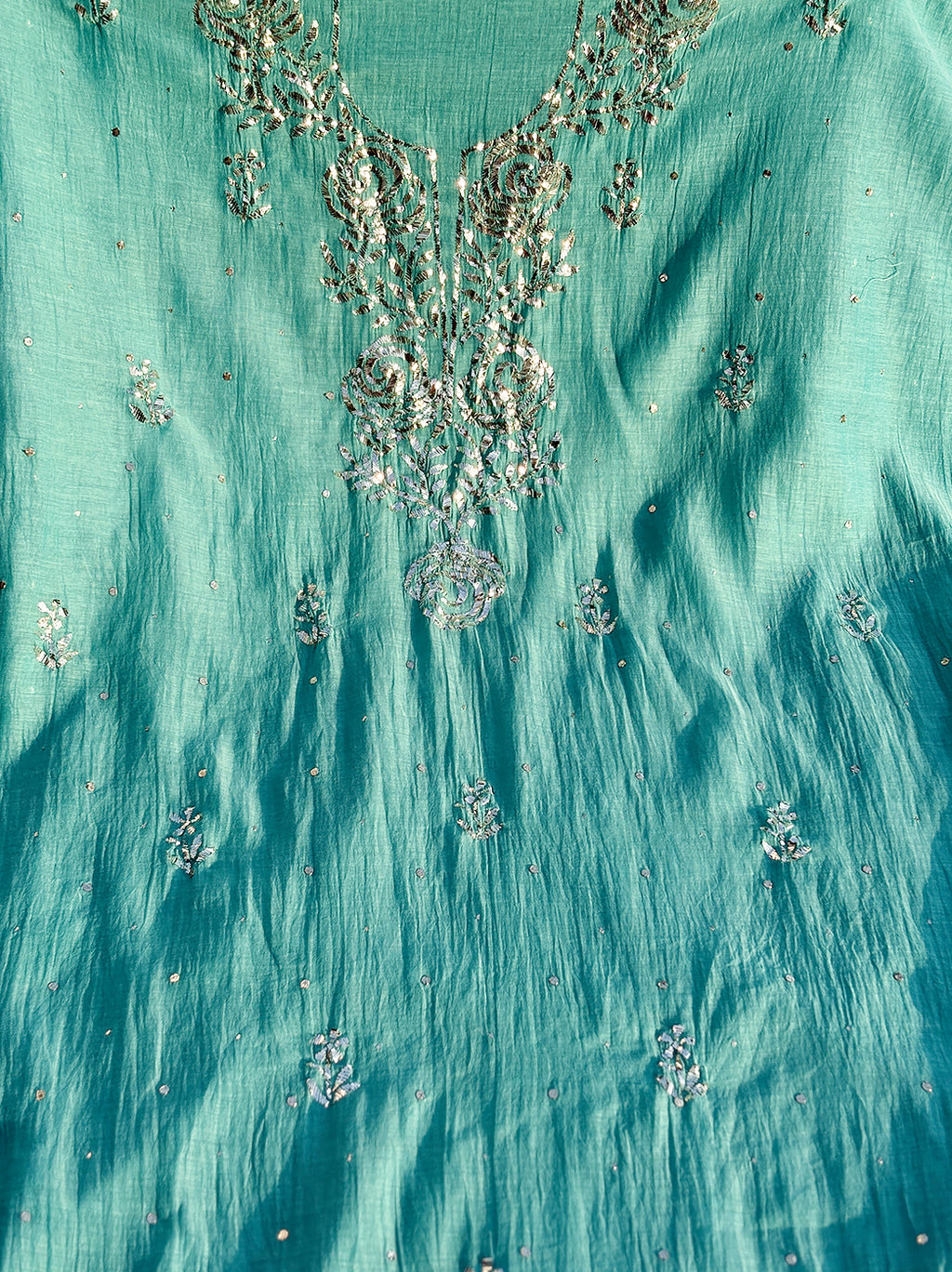 Savi Mul Chanderi Unstitched Kurti Piece with Dupatta - Sea Green