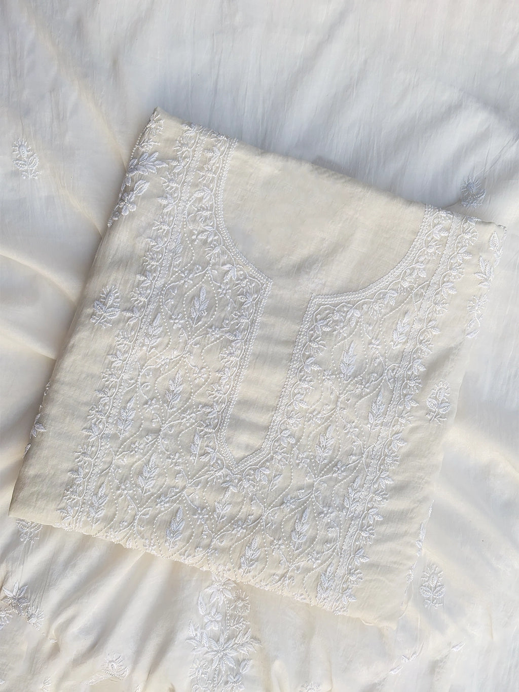 Sazia Mul Chanderi Chikankari Kurti Piece with Dupatta - White