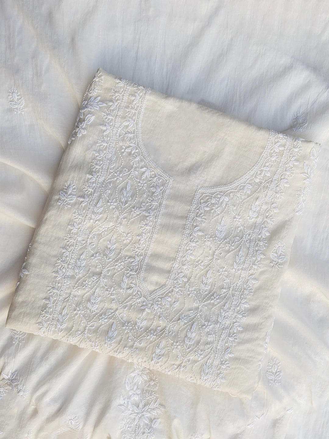 Sazia Mul Chanderi Chikankari Kurti Piece with Dupatta - White