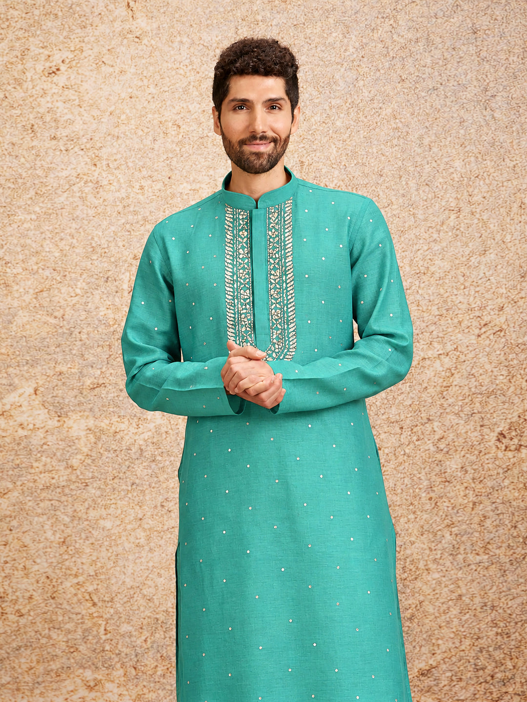 Sarth Chanderi Unstitched Chikankari Men's Kurta - Sea Green