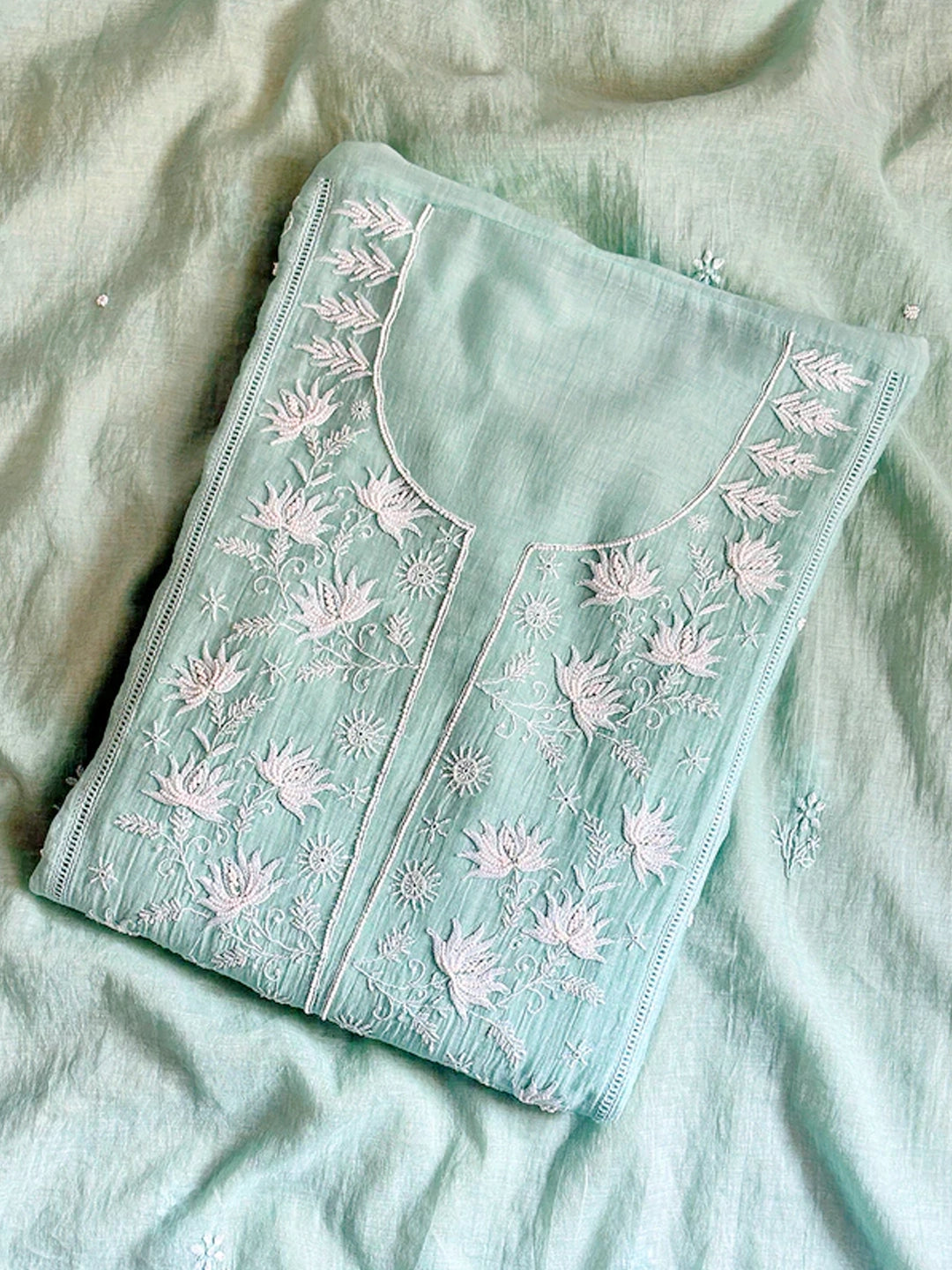 Sea Green Mul Chanderi Chikankari Un-stitched Kurti Piece with Dupatta