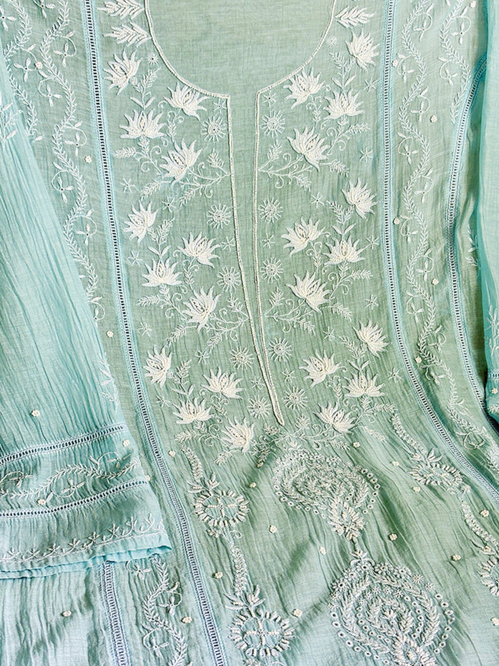 Sea Green Mul Chanderi Chikankari Un-stitched Kurti Piece with Dupatta