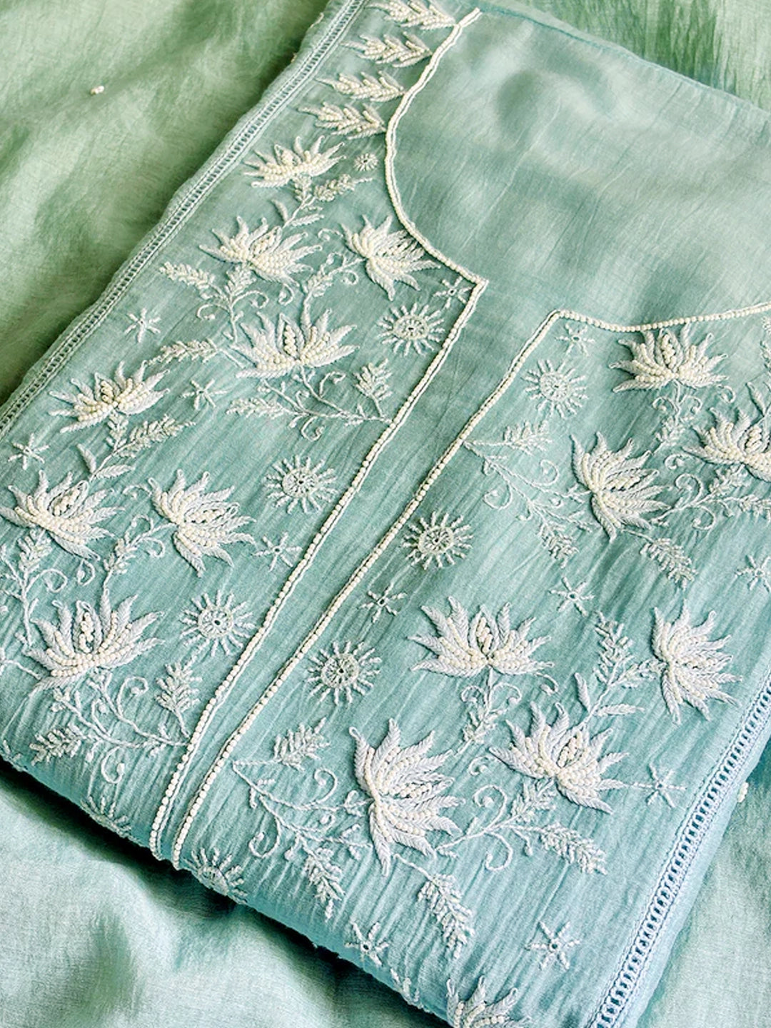 Sea Green Mul Chanderi Chikankari Un-stitched Kurti Piece with Dupatta