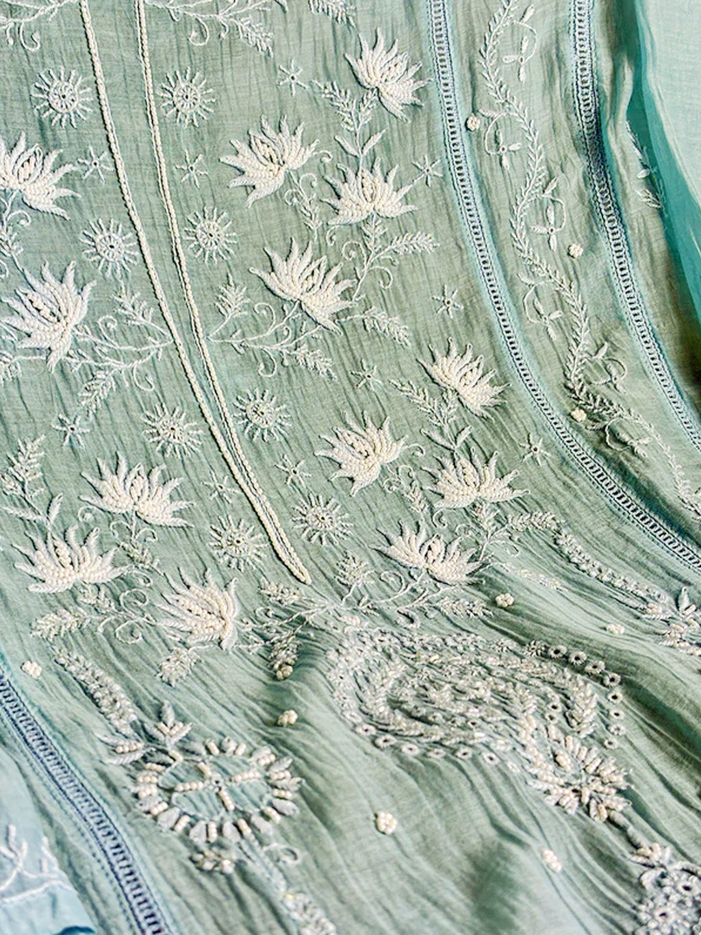 Sea Green Mul Chanderi Chikankari Un-stitched Kurti Piece with Dupatta