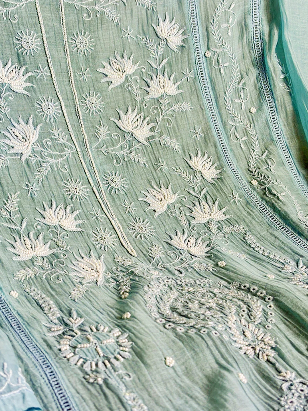 Sea Green Mul Chanderi Chikankari Un-stitched Kurti Piece with Dupatta