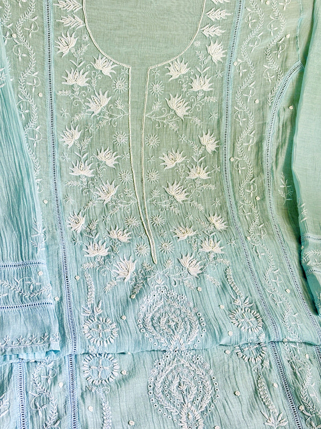 Sea Green Mul Chanderi Chikankari Un-stitched Kurti Piece with Dupatta