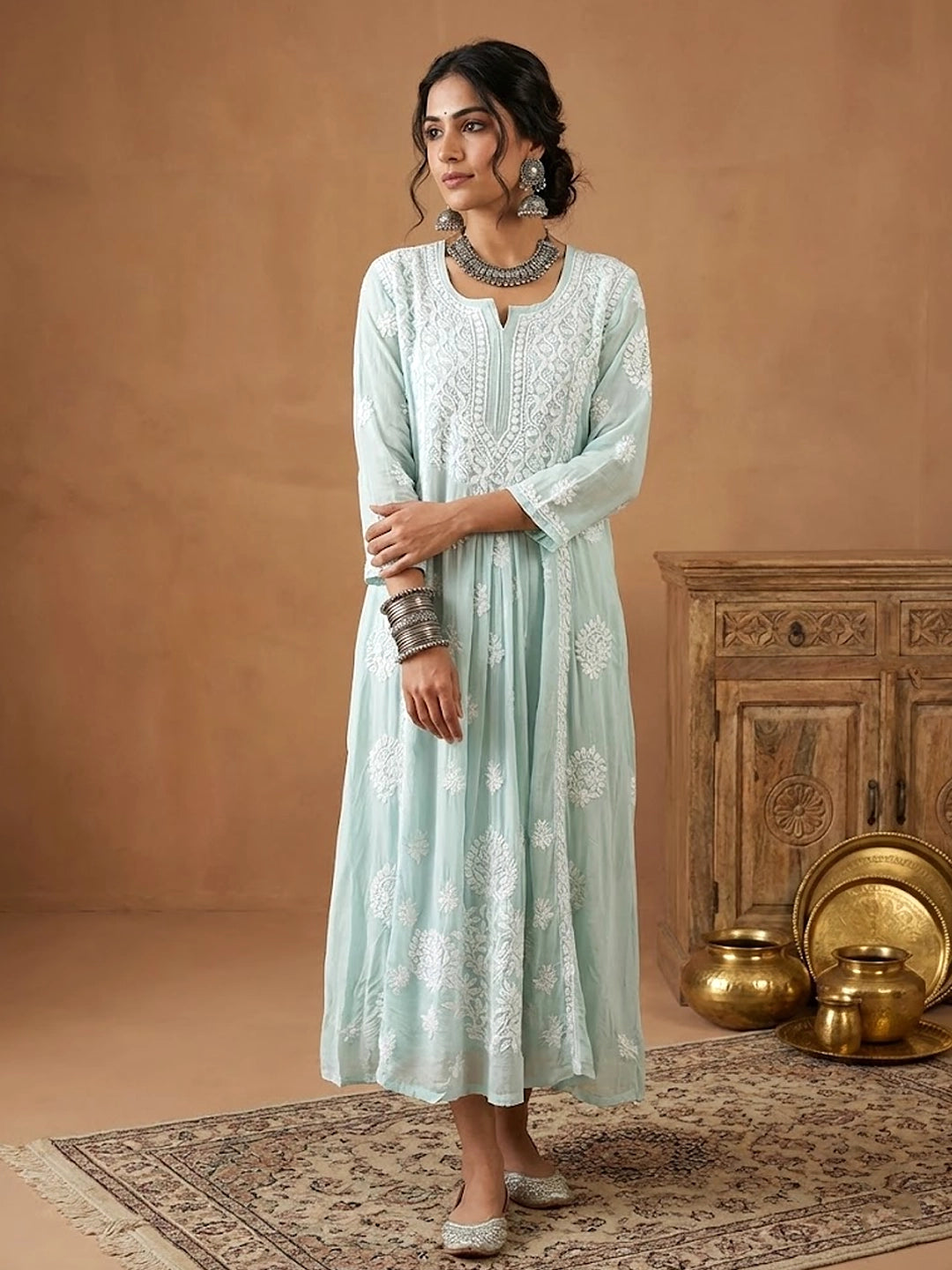 Nabiha Crepe Chikankari Kurta - Sea Green