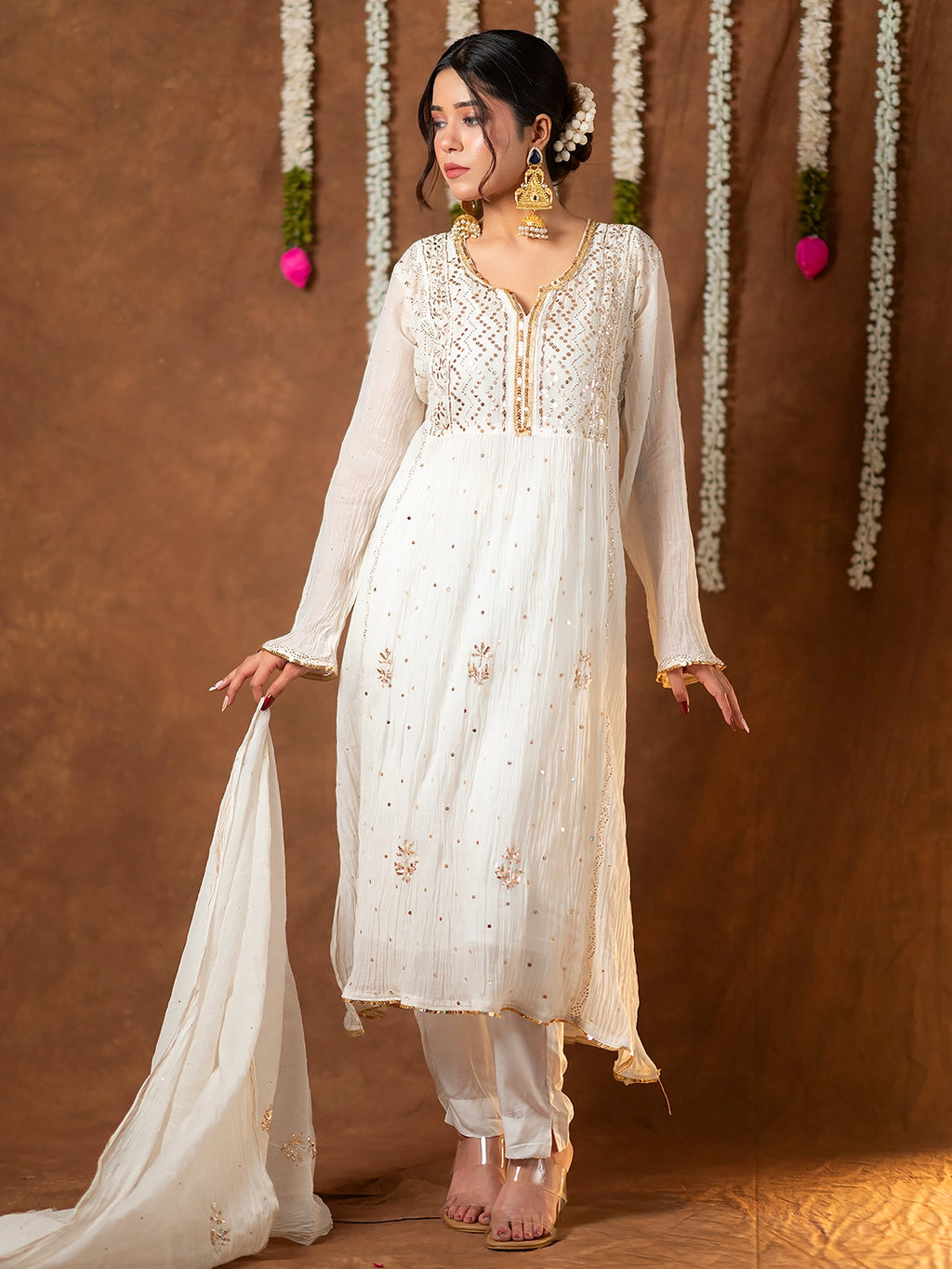 White Arzoo Mul Chanderi Chikankari Kurta Set