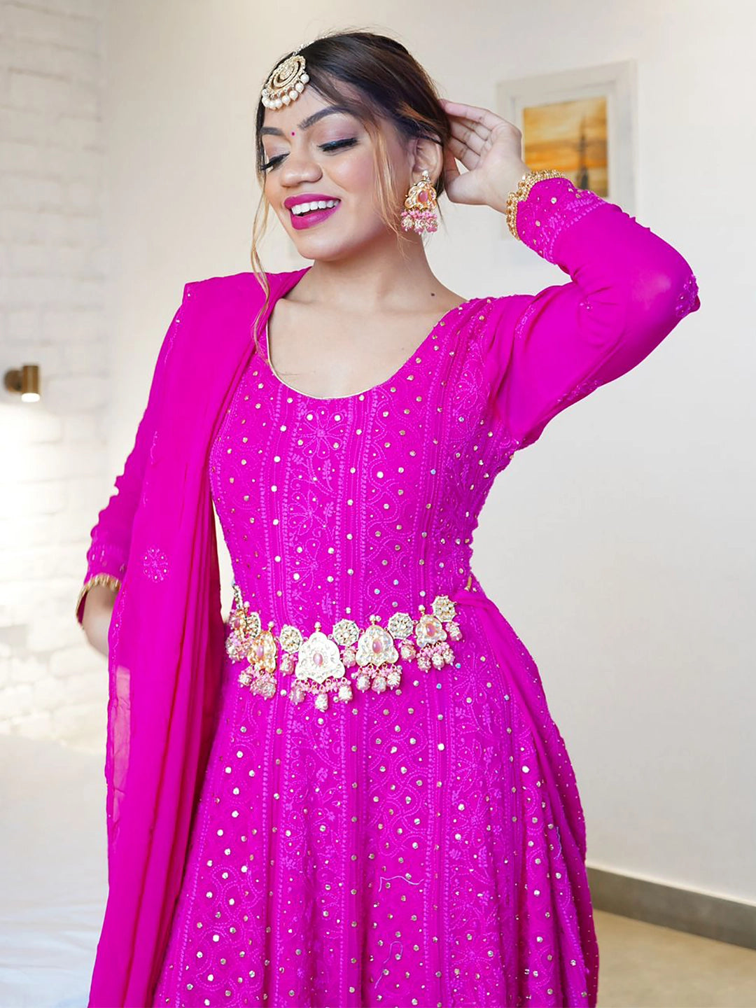 Dixita Patel Pink Shifa Viscose Chikankari Anarkali with Dupatta