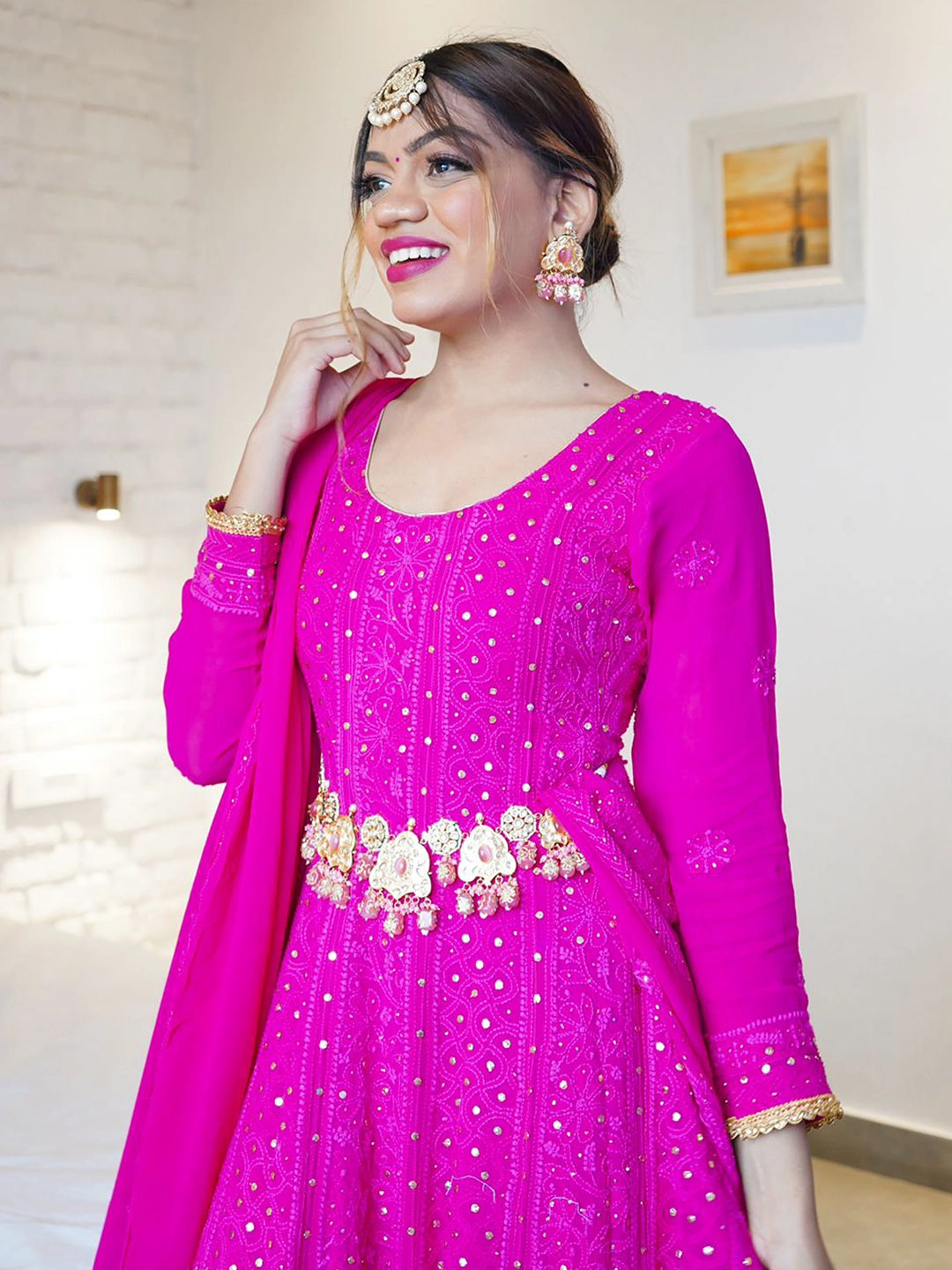 Dixita Patel Pink Shifa Viscose Chikankari Anarkali with Dupatta