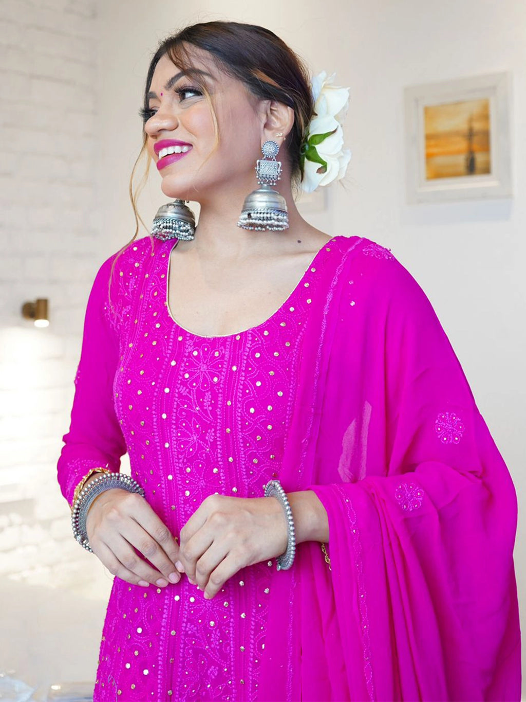 Dixita Patel Pink Shifa Viscose Chikankari Anarkali with Dupatta
