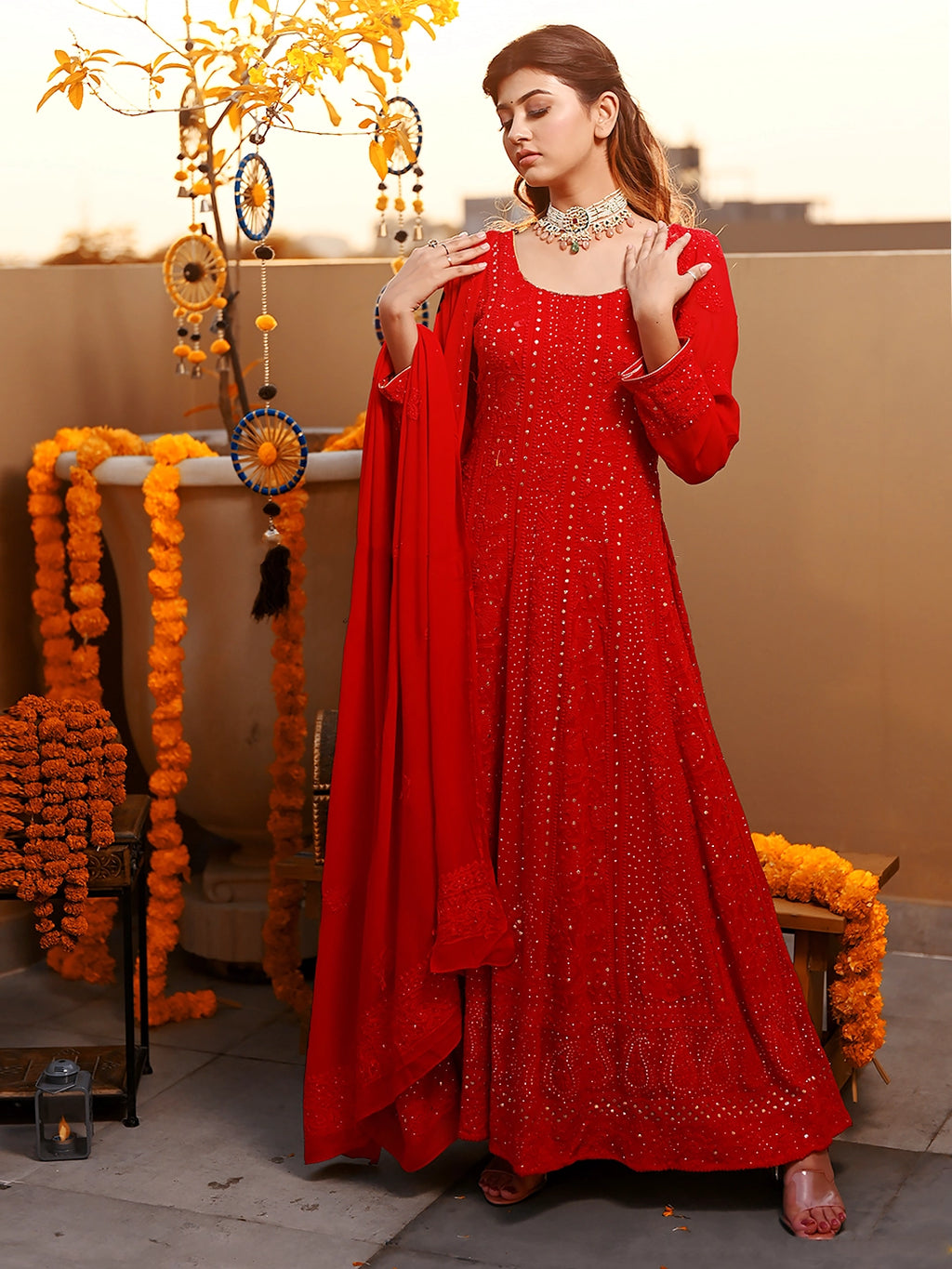 Red Shifa Viscose Chikankari Anarkali with Dupatta